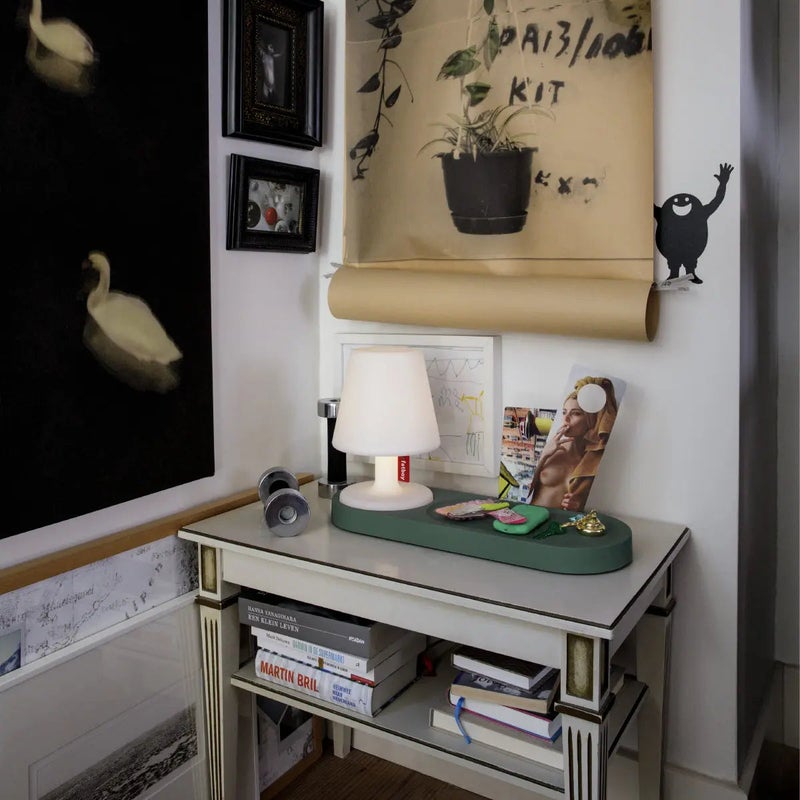 Fatboy Edison the Petit Table Lamp with Shelf & Mirror | 3 different light | Chargeable via USB | Wireless | Suitable for indoors | classic night light | Battery life: 6-20 h | 16x25 cm - light grey - Image 5